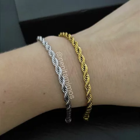 Pulseira fio baiano grosso em aço inoxidável prateado ou com banho dourado unissex masculina 20cm