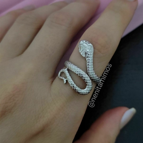 Anel serpente grande regulável em aço inoxidável prateado cobra trabalhada