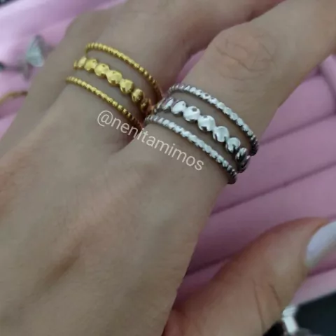 Anel triplo pontilhado regulável em aço inoxidável prateado ou com banho dourado três fios