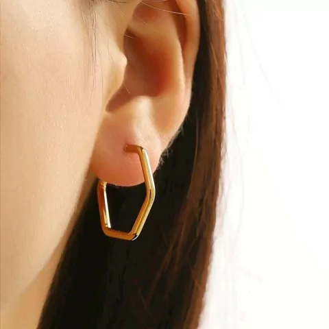 Brinco argola hexágono em aço inoxidável com banho dourado 2,5cm geometrica pequena