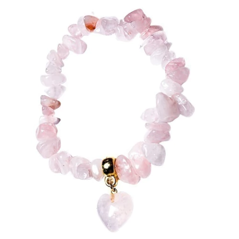 Pulseira Mini Coração Pedra Quartzo Rosa Cascalho Silicone