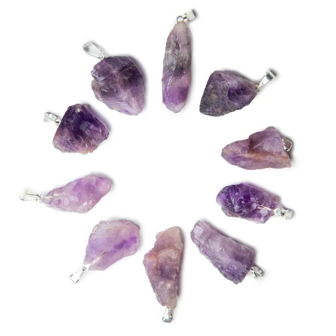 10 Pingente Pedrinha Ametista Bruto Natural Prateado Atacado
