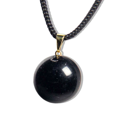 Pingente Disco Liso Pedra Obsidiana Negra Pino Dourado