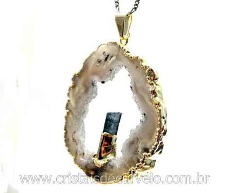10 Pingente Especial Chapa Geodo Turmalina Azul Montagem Envolto Dourado ATACADO
