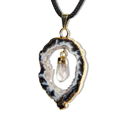 Pingente Chapa Geodo Ponta Móvel Cristal Natural Banho Dourado