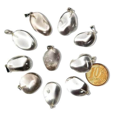 03 Pingente Pedrinha Quartzo Cristal Rolado Prateado