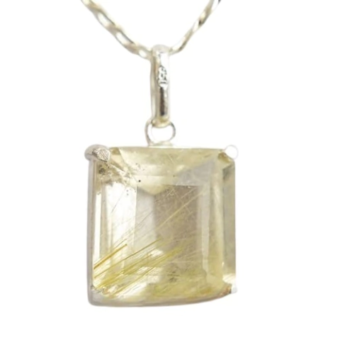 Colar Gema Rutilo Ouro Facetado Montagem Prata 950