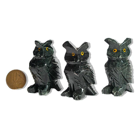 03 Coruja Preta Esculpida em Dolomita Pedra para Decoração