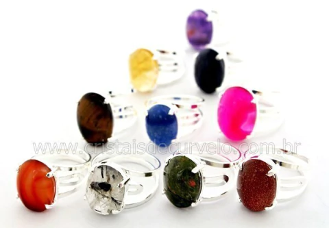 05 Anel Cabochão MISTO Banho Prateado Aro Ajustavel ATACADO REFF BB4524