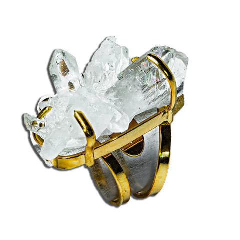 Anel Drusa Cristal Pedra Natural Garra Aro Ajustável Dourado