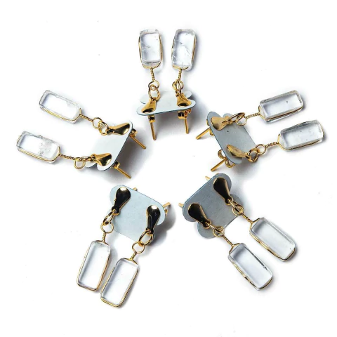 05 Brinco Pedra Cristal Retângulo Ranhurado Dourado Atacado