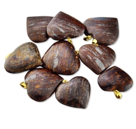 03 Pingente Coração Bronzita Pedra Natural Banhado Dourado Atacado