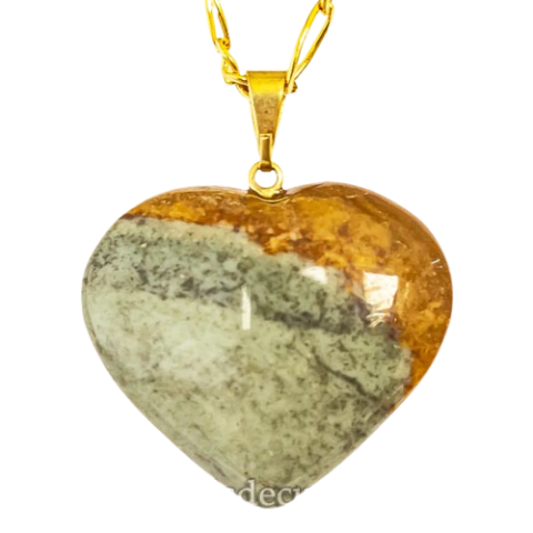 Colar Coração Jaspe Policromo Castoaçao Pino Dourado