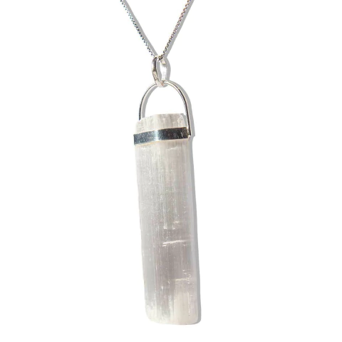 Colar Canudo Selenita Bruto Mineral Natural Prata 950