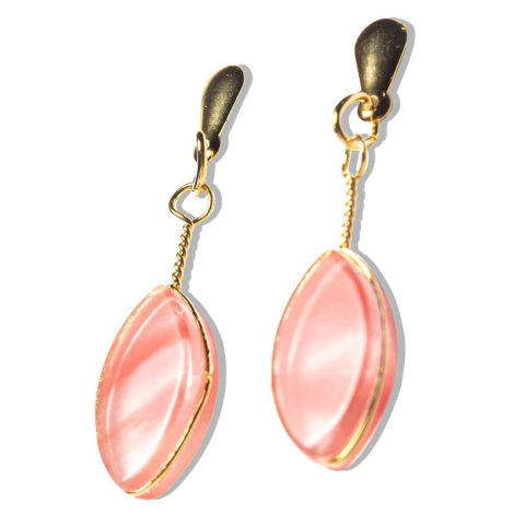 Brinco Navete Cherry Rosa Ranhurado Acabamento Folha Dourado