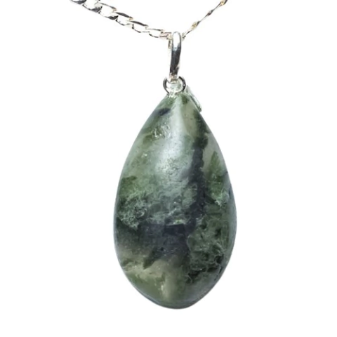 Colar Gota Pedra Epidoto Natural Pino Prata 950