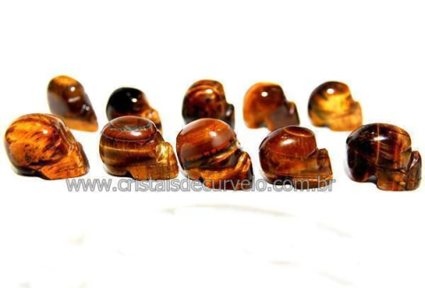 10 Mini Crânios Esculpidos em Pedra Natural OLHO DE TIGRE (Não Pingente ATACADO)