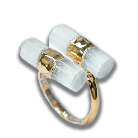 Anel 2 Canudo Selenita Natural Ajustável Envolto Dourado