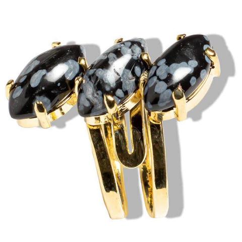 Anel 3 Pedras Obsidiana Flocos De Neve Ajustável Dourado