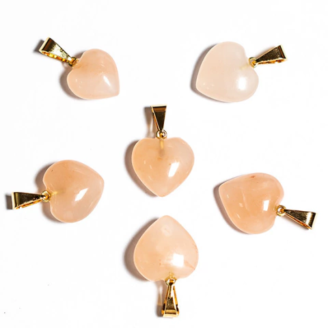 03 Pingente Mini Coração Quartzo Goiaba Pedra Natural Dourado Atacado