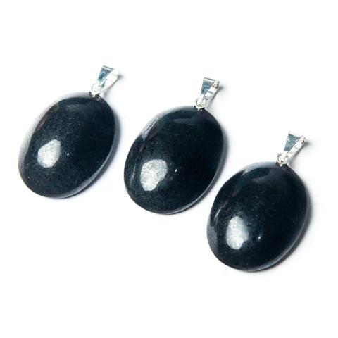 03 Pingente Cabochão Quartzo Preto Pedra Natural Pino Banho Prata Atacado