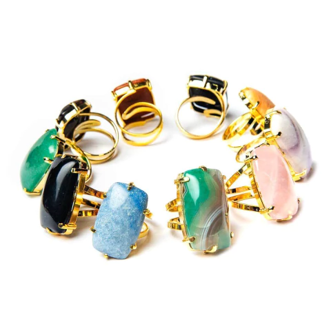 50 Anel Retangular Cabochao Pedra Natural Misto Flash Dourado Aro Ajustavel ATACADO