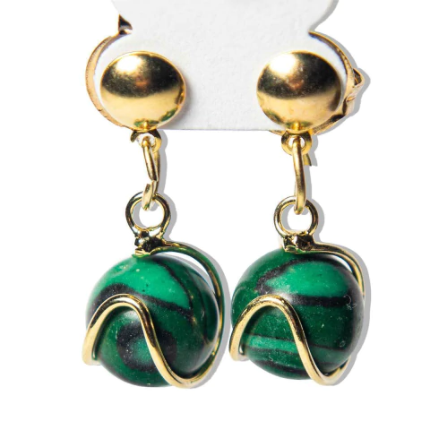 Brinco Bolinha Na Cesta Malaquita Tarraxa Dourado