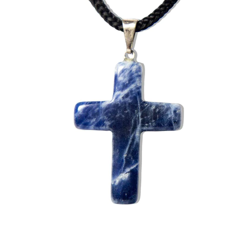 Colar Crucifixo Pedra Sodalita Natural Pino Prateado