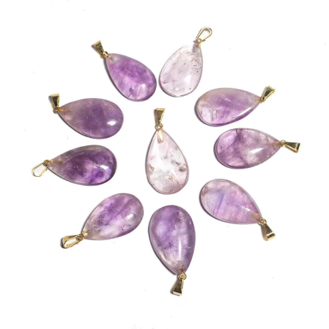 03 Pingente Gota Ametista Pedra Natural Montagem Pino Dourada Atacado