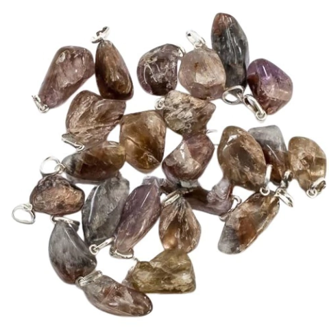 10 Pingente Pedrinha Cacoxenita Rolada Montagem Pino Dourado Atacado