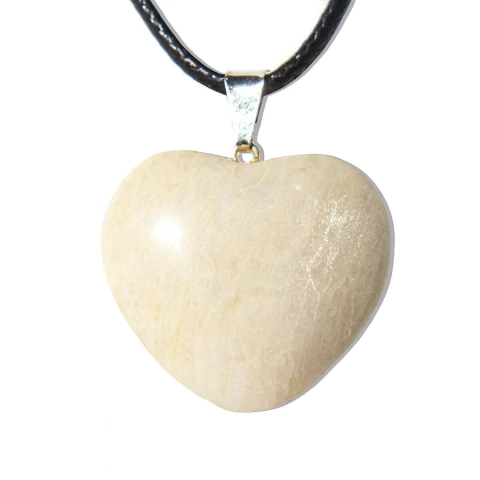 Colar Coração Feldspato Branco Natural Banhado Prateado
