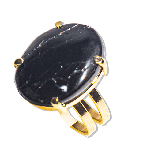 03 Anel Turmalina Preta Cabochão Oval Dourado Aro Ajustável