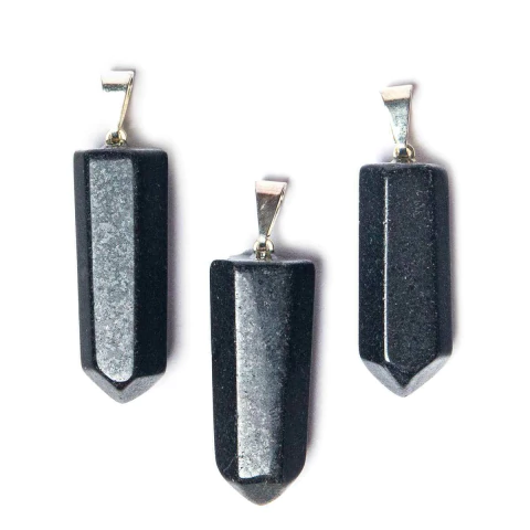 03 Pingente Pontinha Quartzo Preto Pino e Presilha Prateado Atacado