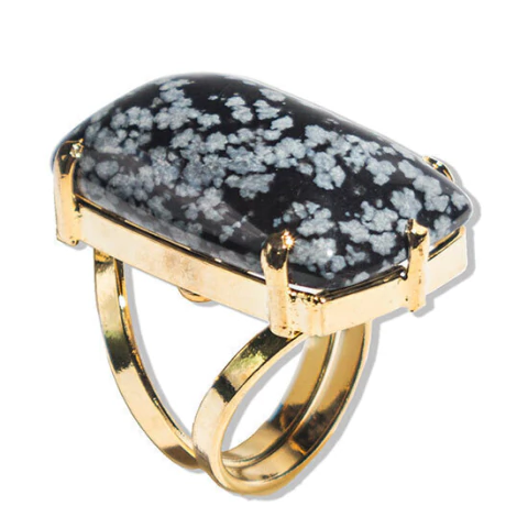 Anel Obsidiana Flocos Neve Retangular Dourado Aro Ajustavel
