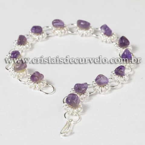 10 Pulseira Margarida Pedra rolada Ametista Prateado ATACADO