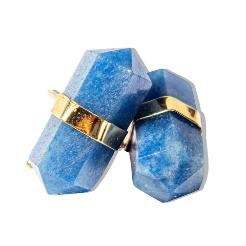 Brinco Micro Bi Ponta Pedra Quartzo Azul Pedra Dourado