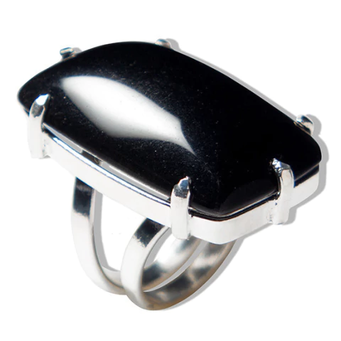 Anel Obsidiana Negra Retangular Natural Prateado