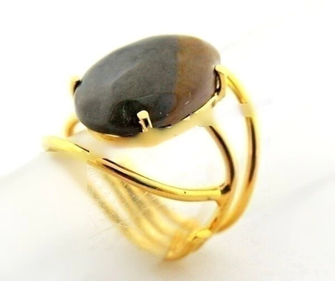 05 Anel Jaspe Policromo Cabochão Oval Pequeno Dourado