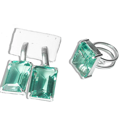 Conjunto Anel e Brinco Retângulo Facetado Obsidiana Verde Prata 950