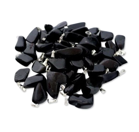 03 Pingente Pedrinha Turmalina Preta Rolado Natural Prateado Atacado