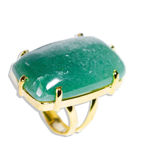 Anel Quartzo Verde Cabochão Retangular Dourado Aro Ajustavel