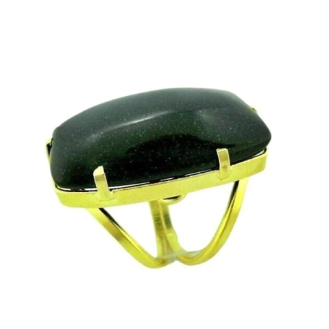 Anel Pedra do Estrela Verde Retangular Dourado Aro Ajustável