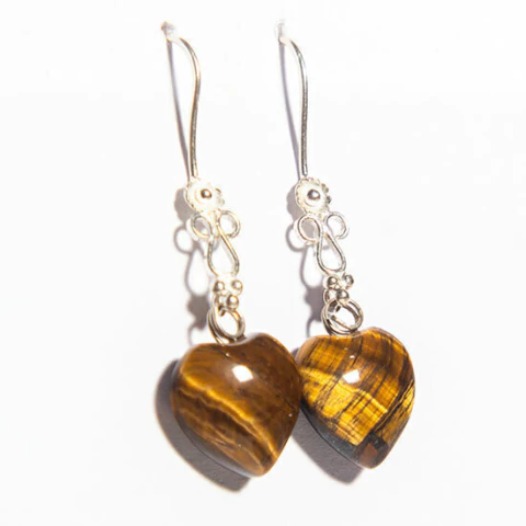 Brinco Coração Olho de Tigre Pedra Natural Anzol Prata 925