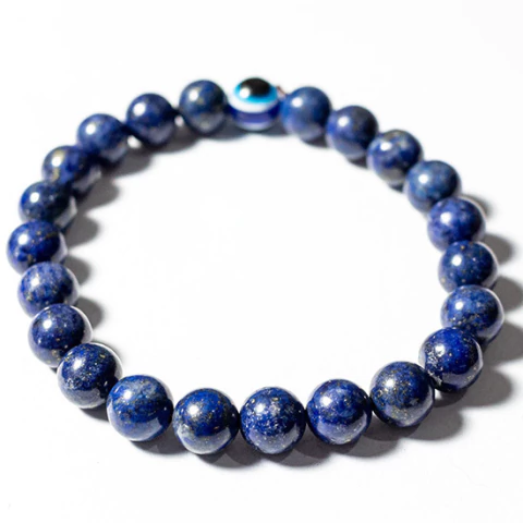 Pulseira Bolinha Lápis Lazúli Com Olho Grego Pedra 8mm Fio Silicone Elastico