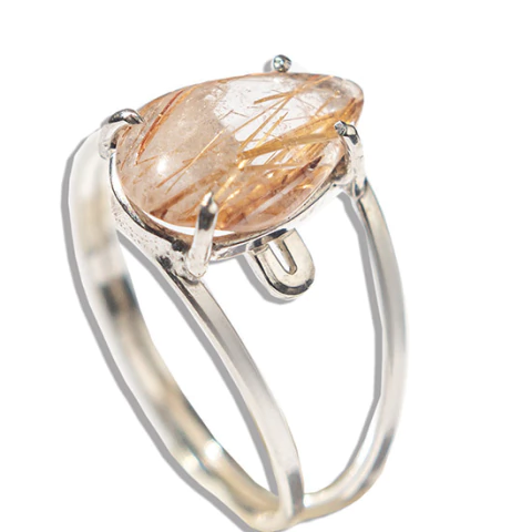 Anel Gota Pedra Rutilo no Quartzo Prata 950 Aro Ajustável