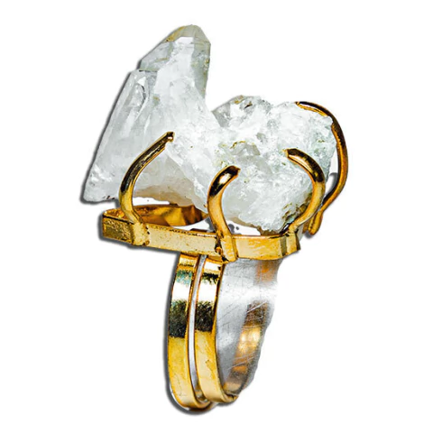 Anel Drusa Cristal Pedra Natural Pequeno Ajustável Dourado