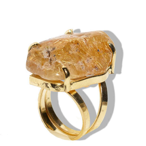 Anel Cristal Rutilo Natural Rolado Aro Ajustável Dourado