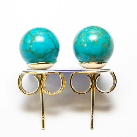 Brinco Bolinha Pedra Turquesa Azul Pino Tarracha Dourado