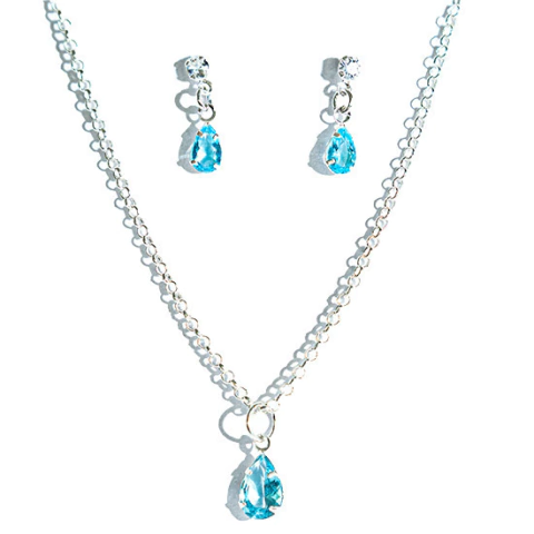 Conjunto Colar e Brinco Gota Zircônia Topázio Azul Prata 925