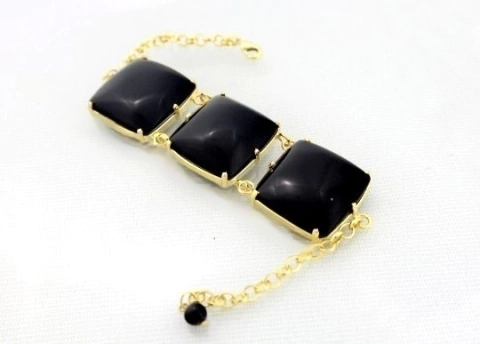 Bracelete 3 Pedras Onix Preto Lapidação Quadrado Dourado